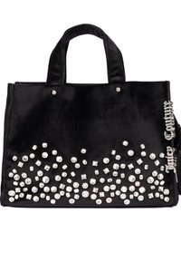 Borsa a tote in velluto nero con un fascio di strass di varie dimensioni, disposti decorativamente lungo il fondo, dotata di due manici robusti.