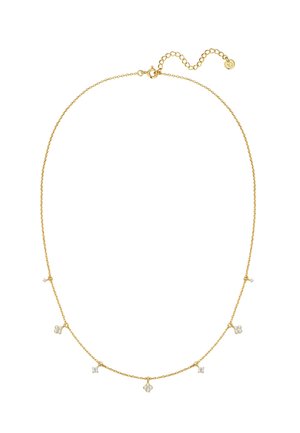 Feine goldene Halskette mit sechs kleinen diamantförmigen und runden Kristallanhängern, gleichmäßig entlang der Länge verteilt, verstellbarer Verschluss.