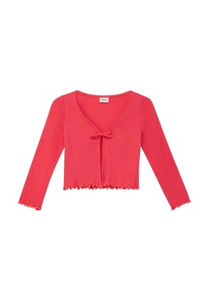 Koraalroze cropped cardigan met lange mouwen, V-hals, striksluiting aan de voorkant en gerimpelde randen aan mouwen en zoom.