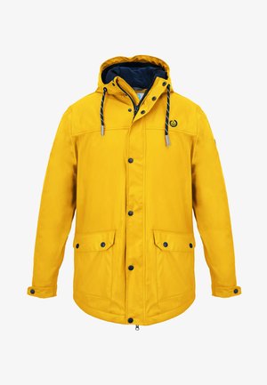 Yellow waterproof jacket with a hood, featuring black snap buttons, two front pockets, adjustable drawstrings, and a navy inner lining.