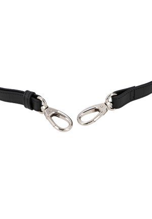 Sangles en cuir noir avec crochets pivotants en métal argenté à chaque extrémité sur fond blanc.