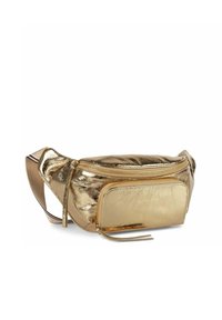 Marsupio oro, realizzato in materiale metallico con una superficie liscia. Presenta un compartimento principale con zip e una piccola tasca frontale con zip.