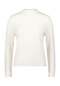 Krémový top s dlouhými rukávy vyrobený z měkké látky, s přiléhavým střihem a vysokým límcem. Hladká textura, minimální švy a žádné viditelné vzory.