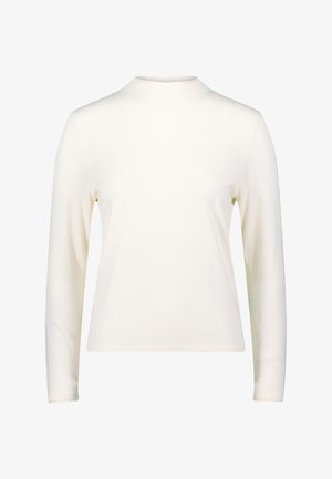 Roomwitte top met lange mouwen, gemaakt van zachte stof met een aansluitend ontwerp en een hoge halslijn. Gladde textuur, minimale naden en geen zichtbare patronen.