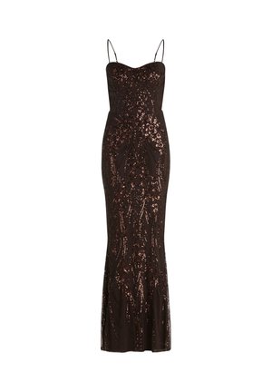 Black fitted evening gown with thin spaghetti straps and intricate rose gold sequin pattern throughout the fabric.