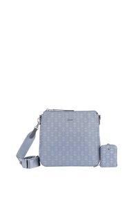 Borsa a tracolla grigia chiara realizzata in materiale testurizzato, con un motivo floreale, chiusura con zip e tracolla regolabile. Include una piccola pochette abbinata.