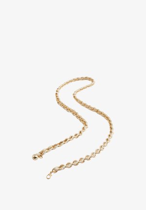 Goudkleurige ketting met dikke schakels en een ronde sluiting aan één uiteinde, weergegeven op een witte achtergrond.