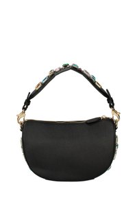 Sac en cuir noir avec une forme incurvée, fermeture éclair dorée et une poignée décorative ornée d'accents en pierres précieuses multicolores.