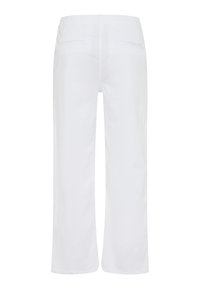 White, straight-leg pants shown from the back with two welt pockets and a fitted waistband.