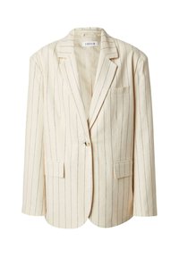 Crème gestreepte blazer met een tailored ontwerp, enkele knoopsluiting, gelapte revers en twee voorzakken. Gemaakt van lichtgewicht stof.
