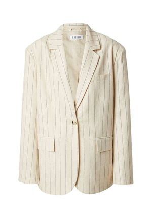 Crème gestreepte blazer met een tailored ontwerp, enkele knoopsluiting, gelapte revers en twee voorzakken. Gemaakt van lichtgewicht stof.