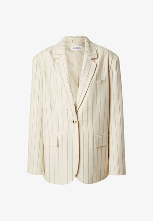 Crème gestreepte blazer met een tailored ontwerp, enkele knoopsluiting, gelapte revers en twee voorzakken. Gemaakt van lichtgewicht stof.