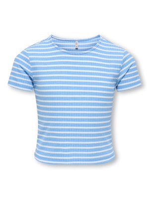Short-sleeve ribbed crop top with horizontal light blue and white stripes, round neckline, and fitted silhouette.