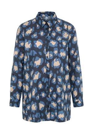 Ulla Popken, LEOPARD PRINT LONG SLEEVE BUTTON DOWN TUNIC BLOUSE - Skjortebluser - marine