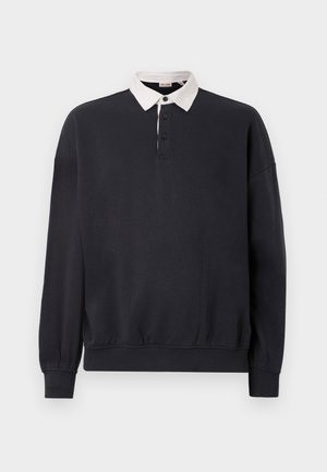 Dark navy pullover sweatshirt with a white collared neckline, featuring a button placket and ribbed cuffs for textured detail.