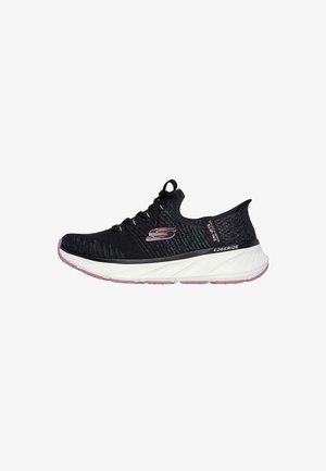 Black athletic shoe with a textured mesh upper, pink accents, and a white cushioned sole. Features a lace-up design and logo detail.