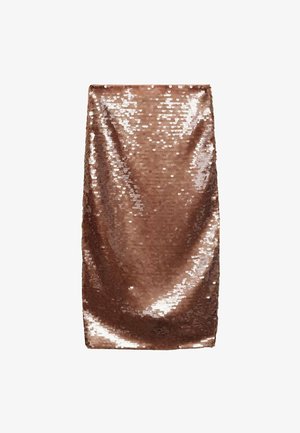 Brązowa mini spódnica z cekinami, gładka w teksturze, dopasowany krój, błyszczące wykończenie z refleksyjnymi cekinami ułożonymi blisko siebie, bez widocznych szwów ani kieszeni.
