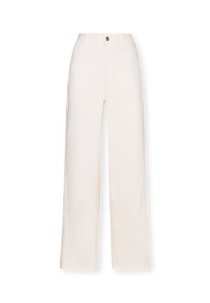 Pantaloni a gamba larga di un leggero colore beige, con tasche frontali e chiusura con bottone. Realizzati in tessuto morbido con una finitura pulita.