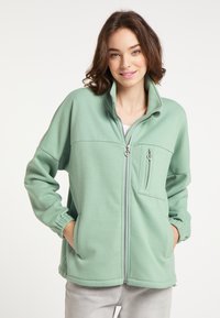 Giacca verde menta con zip e alto colletto, due tasche laterali e tasca sul petto. Presenta polsini elasticizzati e una texture liscia e morbida.