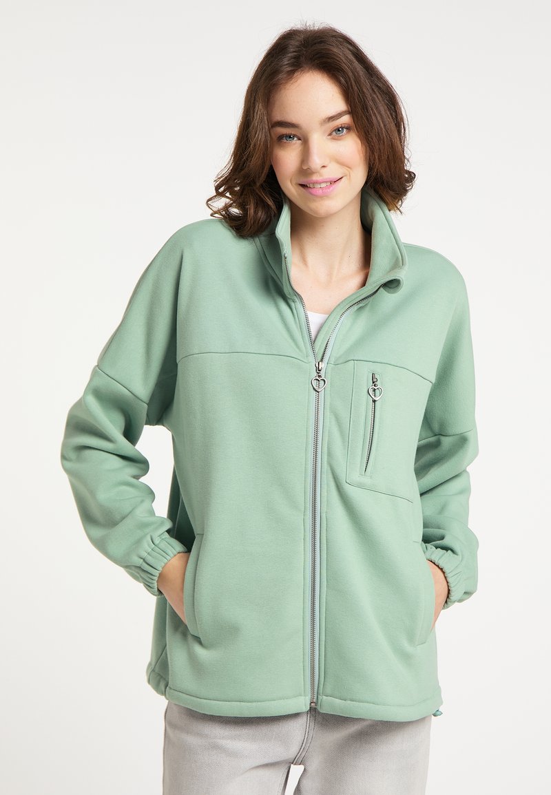 Giacca verde menta con zip e alto colletto, due tasche laterali e tasca sul petto. Presenta polsini elasticizzati e una texture liscia e morbida.
