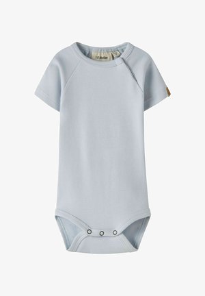 Svetlomodré dojčenské body s krátkym rukávom so zapínaním na cvoky v rozkroku a okrúhlym výstrihom, jednoduchý bezšvový dizajn.