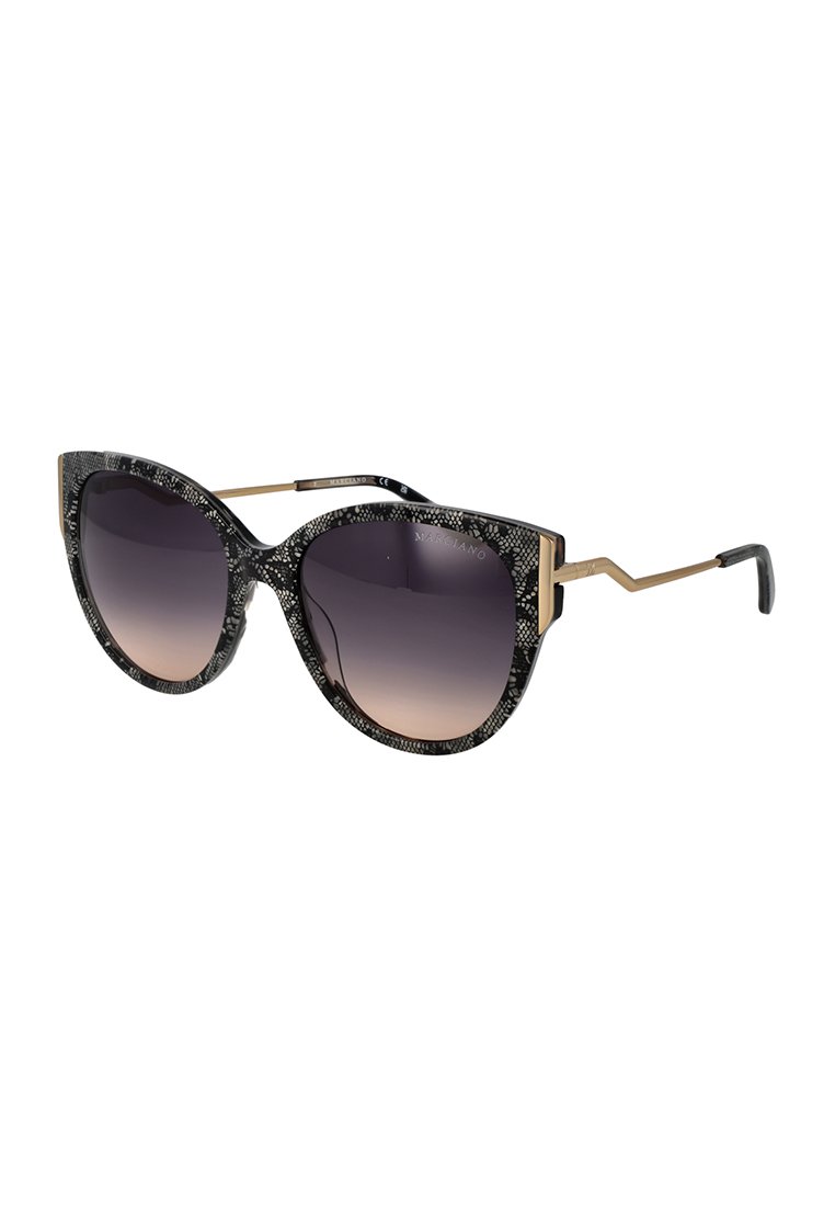 Katzenaugen-Sonnenbrille mit einem schwarz gemusterten Rahmen, goldenen Akzenten und einem Verlauf von dunklen zu hellen Gläsern. Robuste Bügel mit einem eleganten Design.