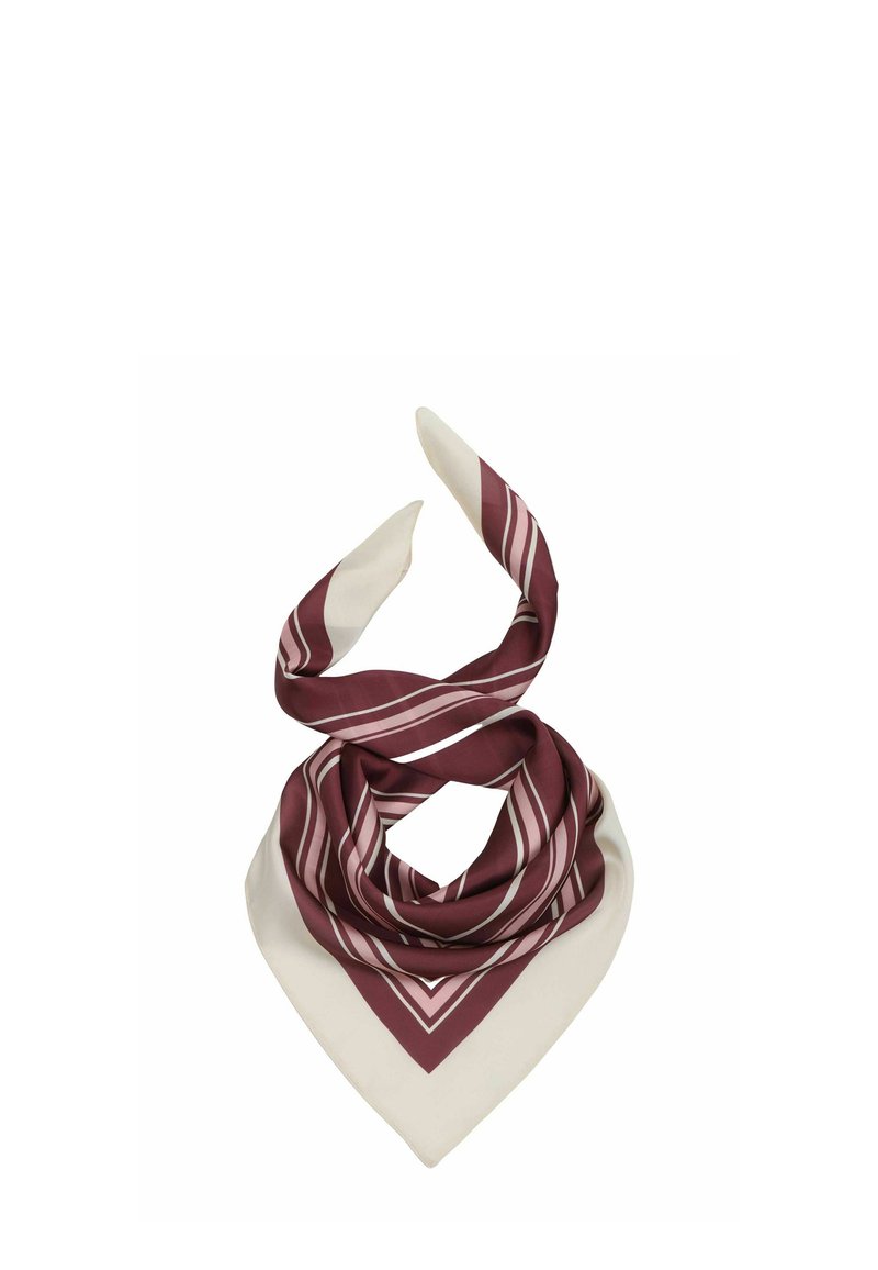 Silk scarf with maroon and cream diagonal stripes, folded with pointed ends twisted upward against a white background.