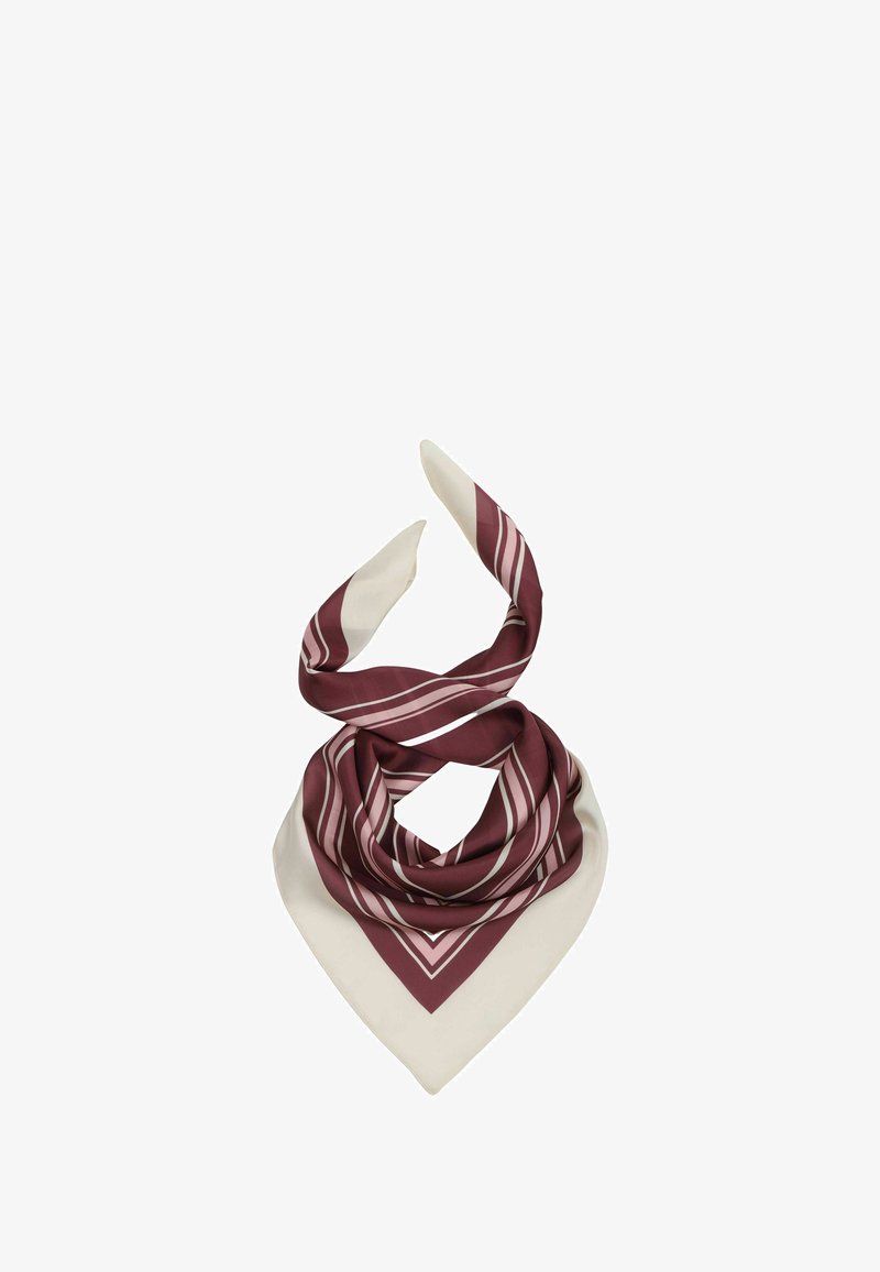 Silk scarf with maroon and cream diagonal stripes, folded with pointed ends twisted upward against a white background.