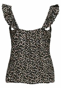 Top floreale nero con spalline arricciate, scollatura plissettata e piccoli fiori rosa e bianchi distribuiti su tutta la stoffa. Materiale leggero.