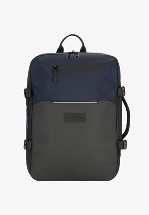 Zaino blu scuro e nero dal design elegante, con manico superiore, cerniere, spallacci regolabili e pannello frontale texturizzato.