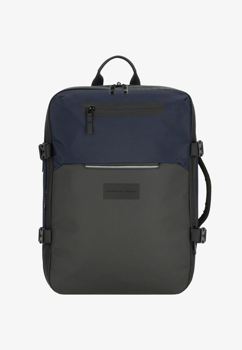 Donkerblauwe en zwarte rugzak met een strak ontwerp, voorzien van een bovenhandvat, ritsen, verstelbare riemen en een getextureerd voorpaneel.