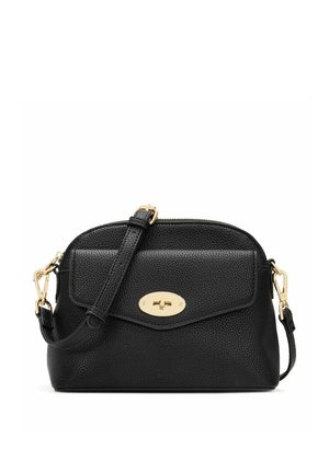 Czarna, teksturowana skórzana torba na ramię z złotym zapięciem na skręt i regulowanym paskiem z złotymi elementami.