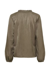 Olivenfarvet, let bluse med lange ærmer og rynket halsudskæring. Glat tekstur med elastiske manchetter og et enkelt design.
