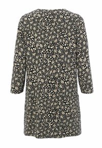 Schwarze Tunika mit floralem Muster in Creme und Taupe, mit Dreiviertelärmeln und rundem Ausschnitt. Weicher Stoff mit lockerer Passform.