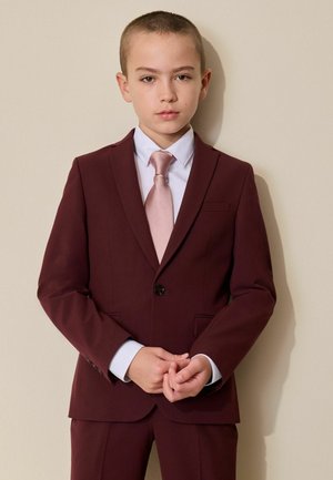 Dreng med kort hår iført en bordeaux jakkesæt, hvid skjorte og lys lyserød slips, stående med hænderne foldet foran en beige baggrund.