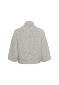 Maglione grigio corto con maniche corte e colletto ripiegato. Realizzato in morbido materiale a maglia testurizzata, con un delicato motivo melangiato.
