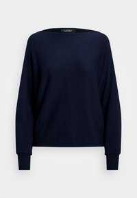 Sötétkék pulóver puha kötött anyagból, széles nyakkal, eső vállakkal és bordázott mandzsettákkal. Egyszerű és laza design.