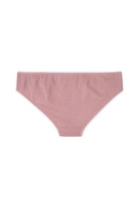 Helle rosa Baumwollslip mit nahtlosem Design, elastischem Bund und weißen Trimm entlang der Kanten. Schlichte und funktionale Form.