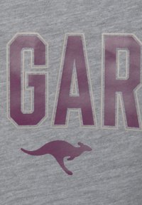 Gray fabric with a textured appearance, featuring large purple lettering spelling "GAR" and a purple kangaroo graphic beneath.