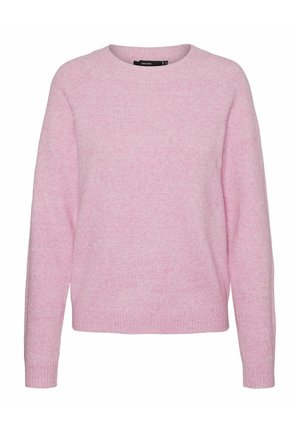 Roze gebreide trui met een ronde halslijn en geribbelde manchetten. Heeft een zachte textuur en een ontspannen pasvorm, geschikt voor casual draag.