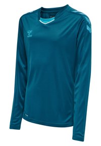 Langarm-Sportshirt in Teal mit V-Ausschnitt, ausgestattet mit hellblauen Akzenten und einem glatten, feuchtigkeitsableitenden Stoff.