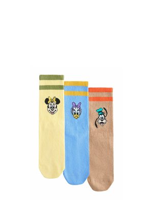 Three colorful crew socks with Minnie Mouse, Daisy Duck, and Goofy embroidered near the top, each with matching striped cuffs.