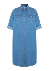 Denim shirt dress, light blue, button-down front, short rolled sleeves, two chest pockets, and slightly rounded hem. Smooth texture, casual design.