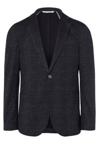 Enknappad mörkgrå blazer med subtilt rutmönster, notch-revers, två framfickor med lappar och en bröstficka.