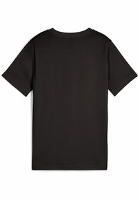Camiseta negra de manga corta hecha de tela suave, con cuello redondo, textura lisa y un diseño simple sin adornos.