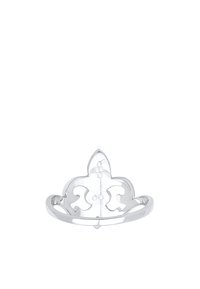 Sølvkroneformet ring med udsparinger, glat overflade og dekorative accenter. Enkel og elegant stil, let metal.