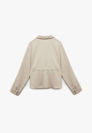 Beige, cropped blouse met lange mouwen, gladde textuur, knoopmanchetten en een kleine kraag. Achter naden en een schouderpas detail zichtbaar.