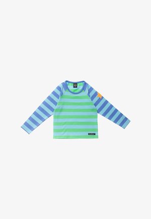 Kinderlang shirt met groene en blauwe horizontale strepen, blauw gestreepte mouwen en een oranje sterpatch op de rechterarm.