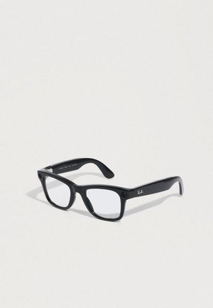 Black rectangular eyeglasses with clear lenses, made of plastic. Features include silver hardware on the sides and a logo on the arm.