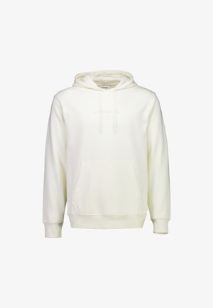 Felpa con cappuccio color avorio realizzata in tessuto morbido, caratterizzata da una tasca frontale, cappuccio con coulisse e un testo logo discreto centrato sul petto. Texture liscia.